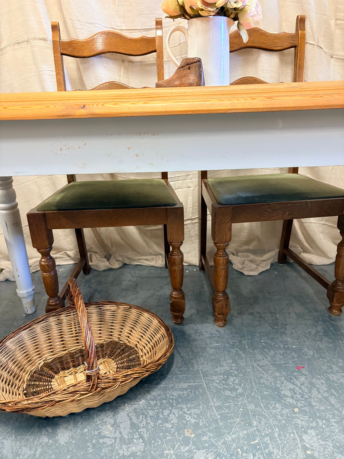Vintage Victorian style part painted pine farmhouse kitchen dining table