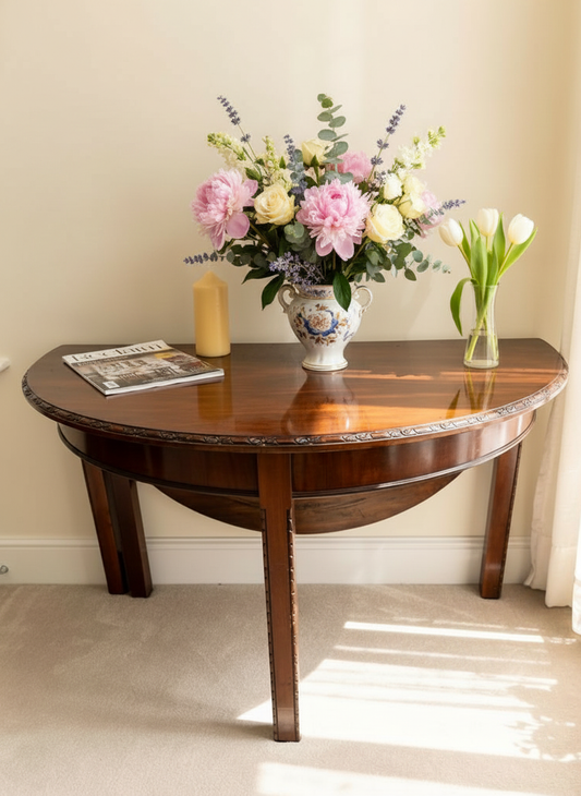20thC Half moon carved edges opens out to circular table console occasional