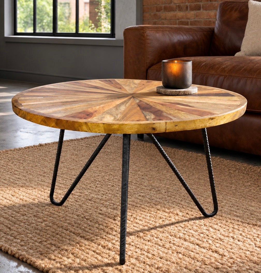 Circular Natural Rustic Wooden Acacia wood coffee table Hairpin legs with geometric design