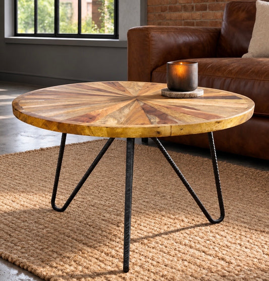 Circular Natural Rustic Wooden Acacia wood coffee table Hairpin legs with geometric design