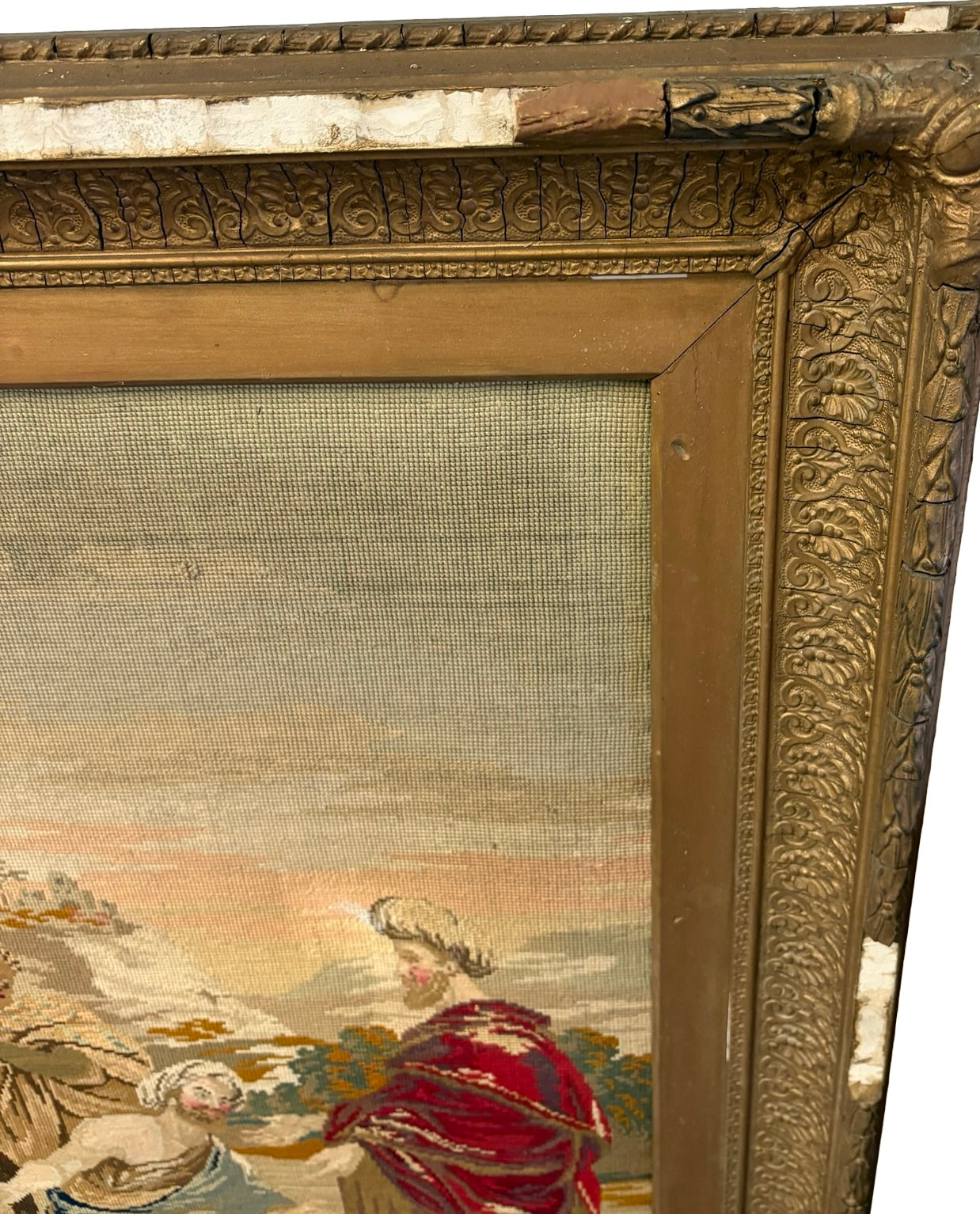 Impressive Large 19th Century Needlepoint Tapestry Biblical Religious scene Gilt Frame