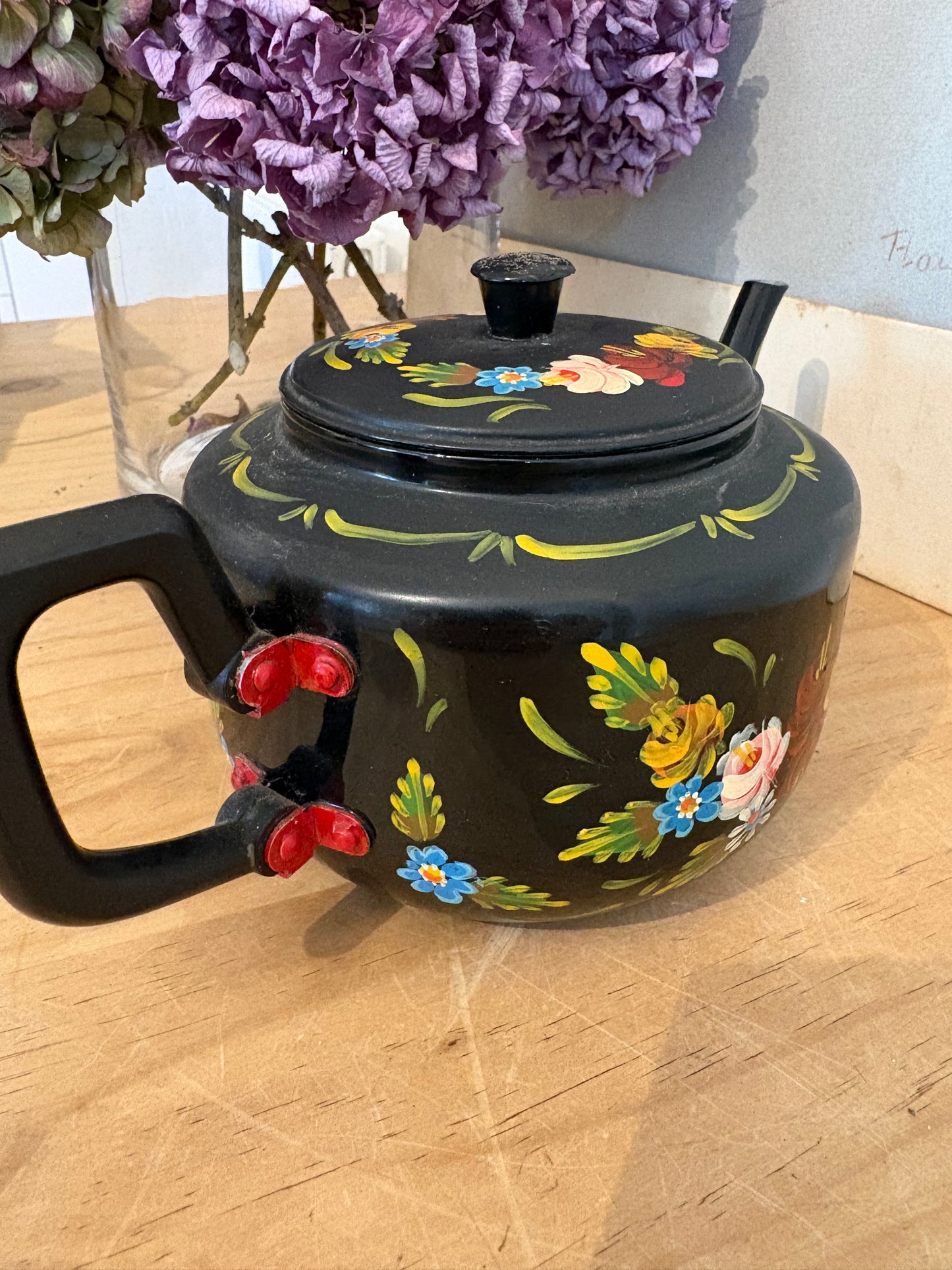 Vintage hand painted metal teapot folky colourful bargeware look