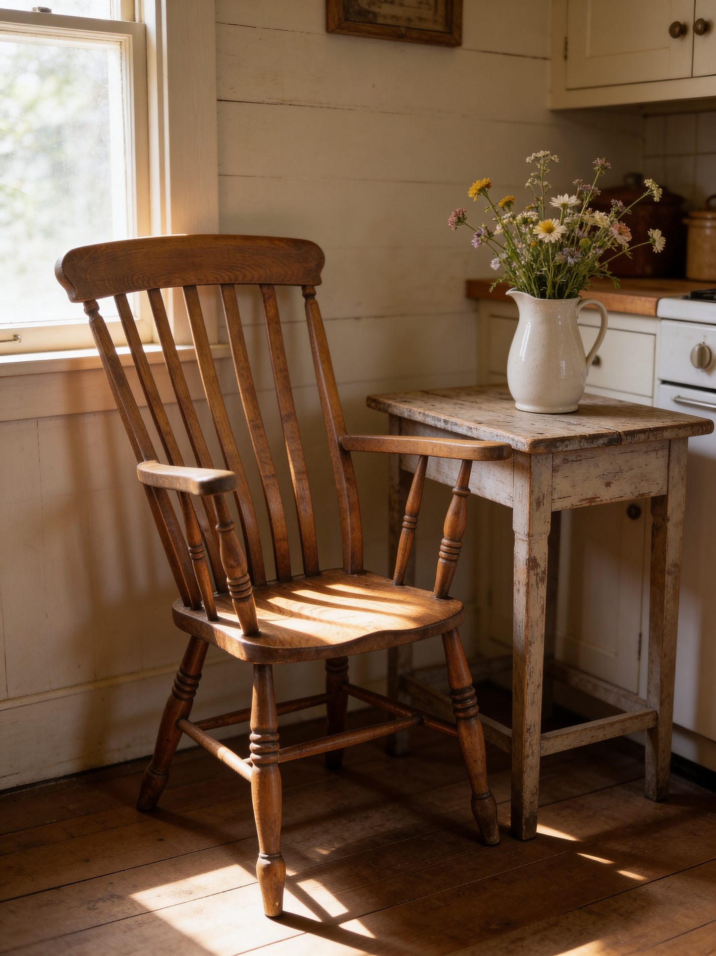 20thC Vintage Cottage Farmhouse Armchair Spindle back and turned legs