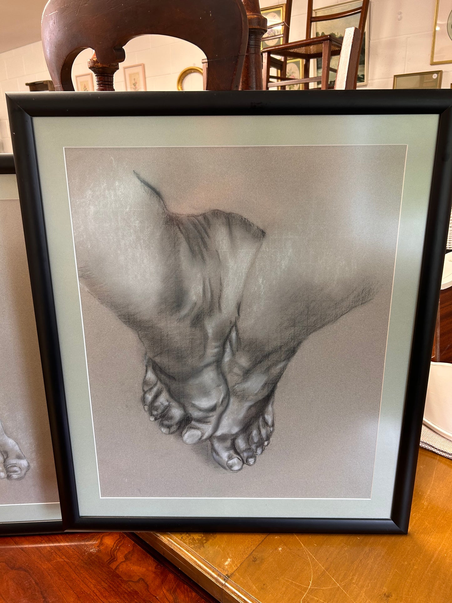 A Pair of large Pencil and Pastel drawn studies of feet Framed Glazed Art