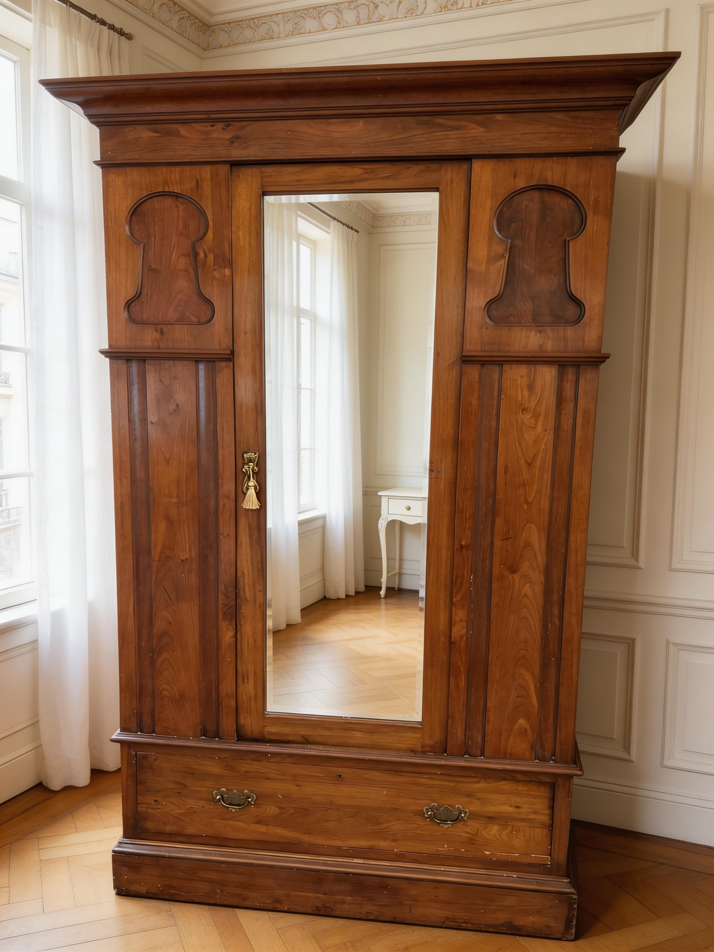 Antique Walnut Art Nouveau Wardrobe with mirror, drawer & key to lock