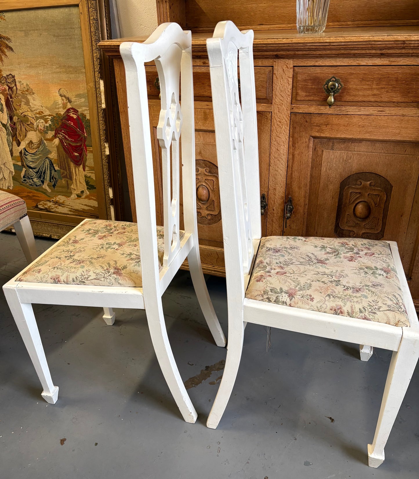 Pair of white fabric covered carved Edwardian occasional or bedroom chairs