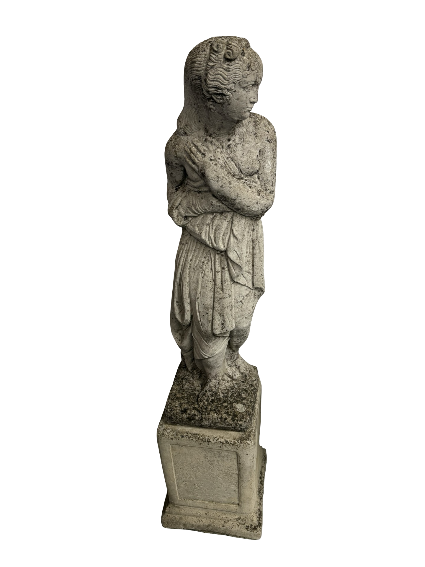 Weathered Antique Stone Shy Maiden Statue on pedestal