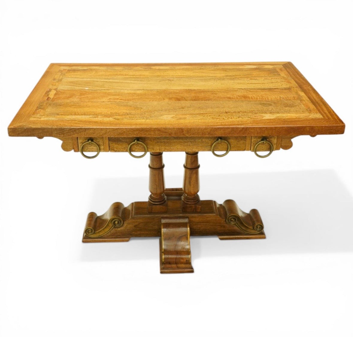 Quality made mango wood hall console table, three drawers with large hooped pulls & decorative base