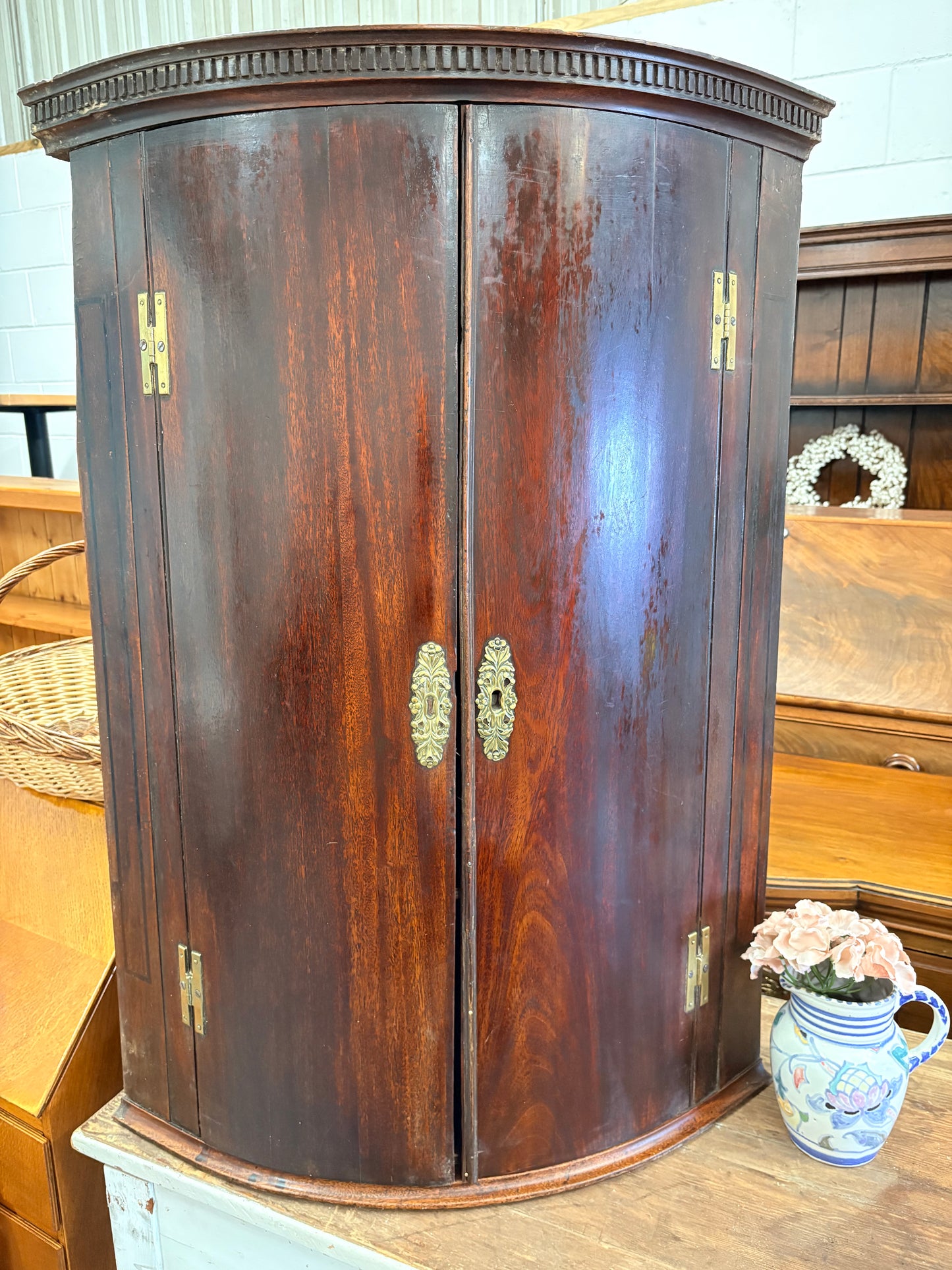 Antique Georgian Mahogany bow fronted  corner cupboard cabinet three shelves