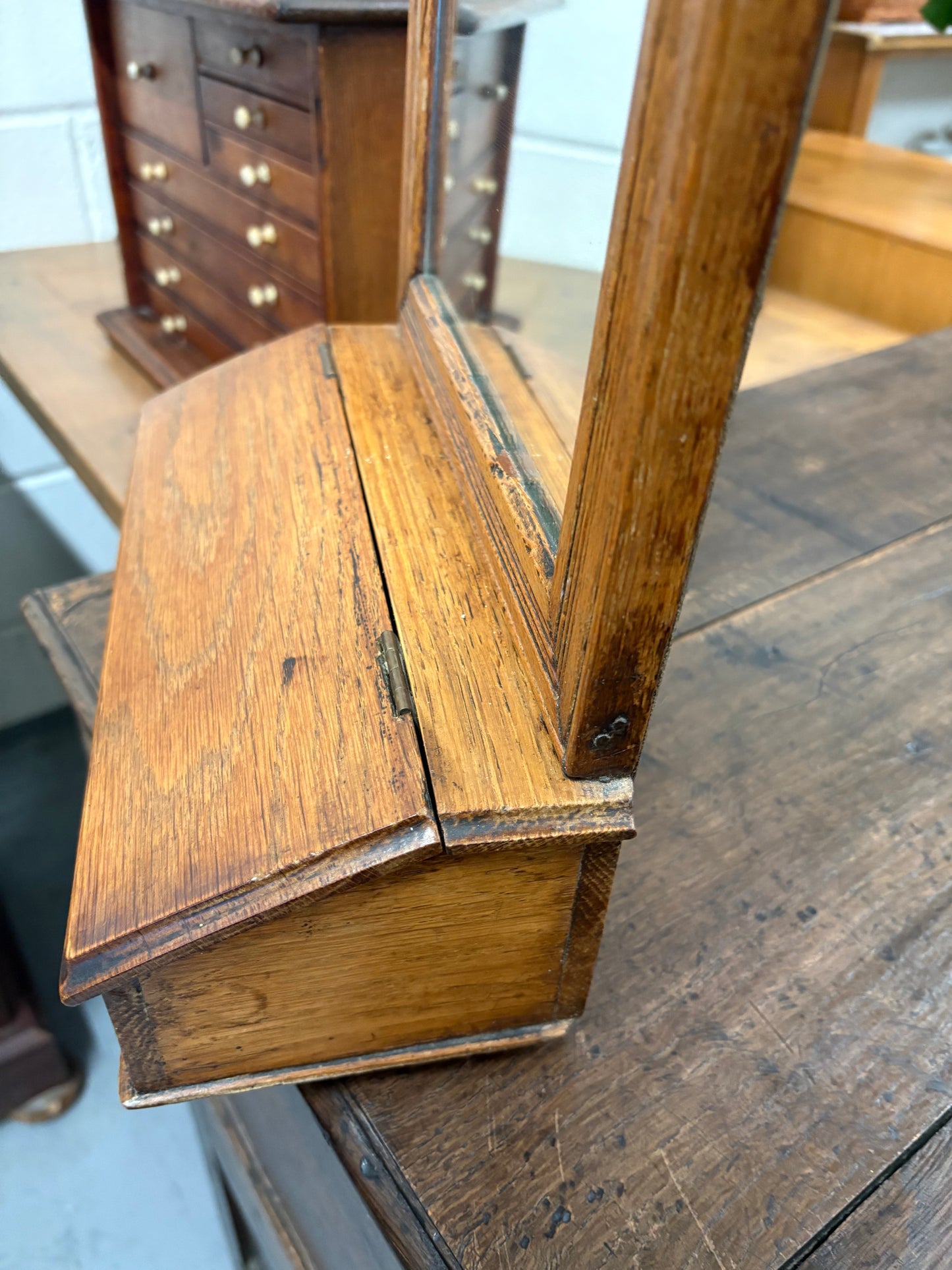 Antique Edwardian Oak Hallway Valet Wall Mirror with Glovebox
