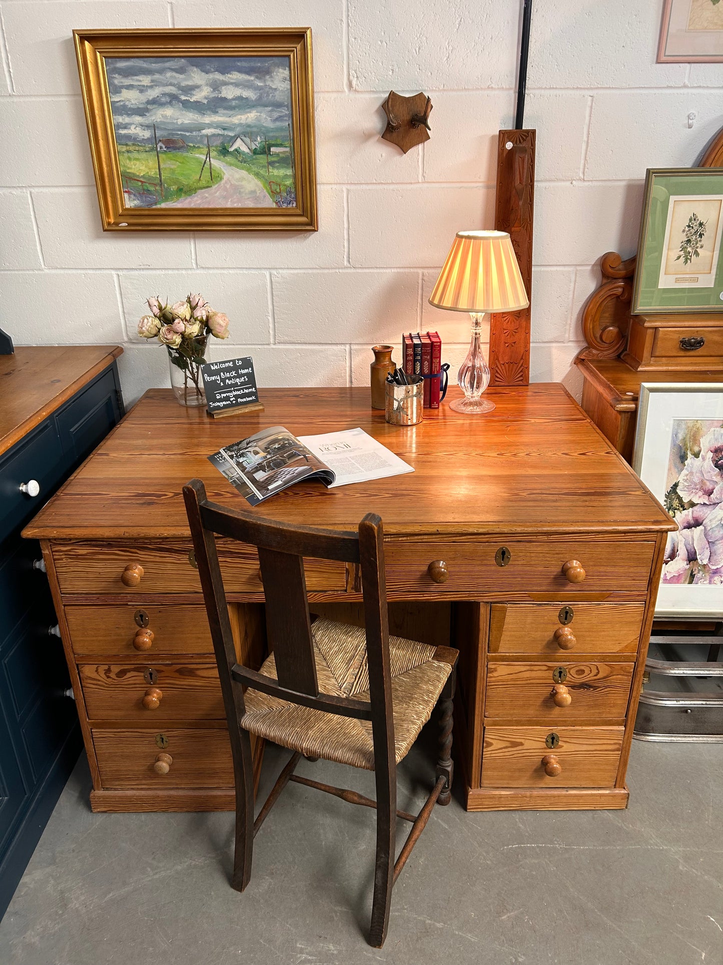 Antique Pitch Pine Large Partners Desk with Cupboards and drawers