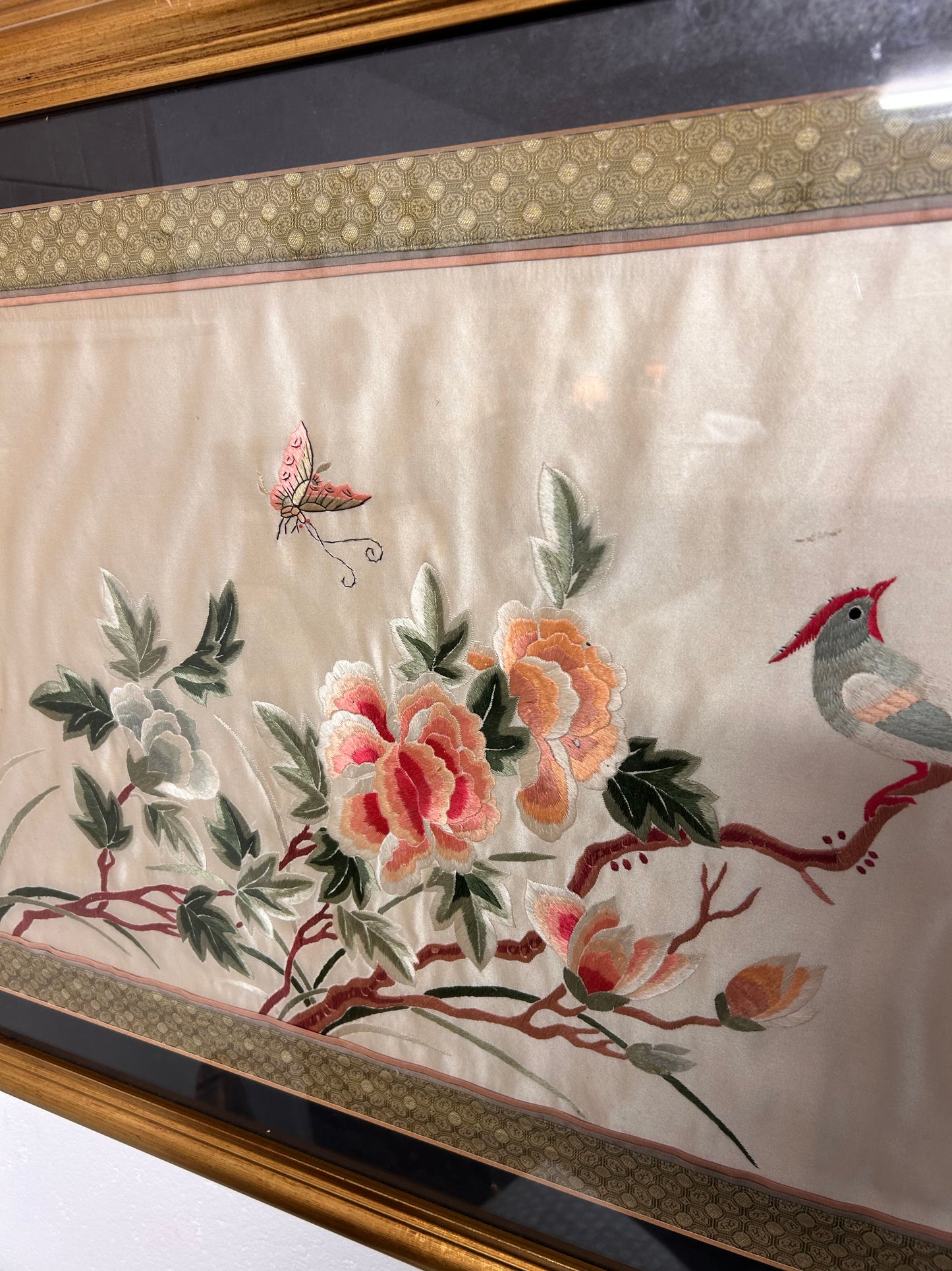 Large Framed mounted Vintage Oriental Silk Embroidery piece