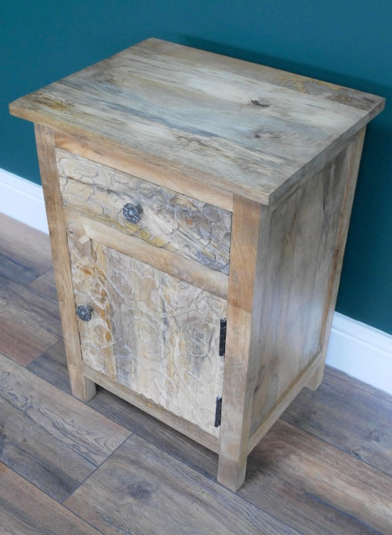 Carved Wooden Decorative Bedside Table Cabinet Light Wood