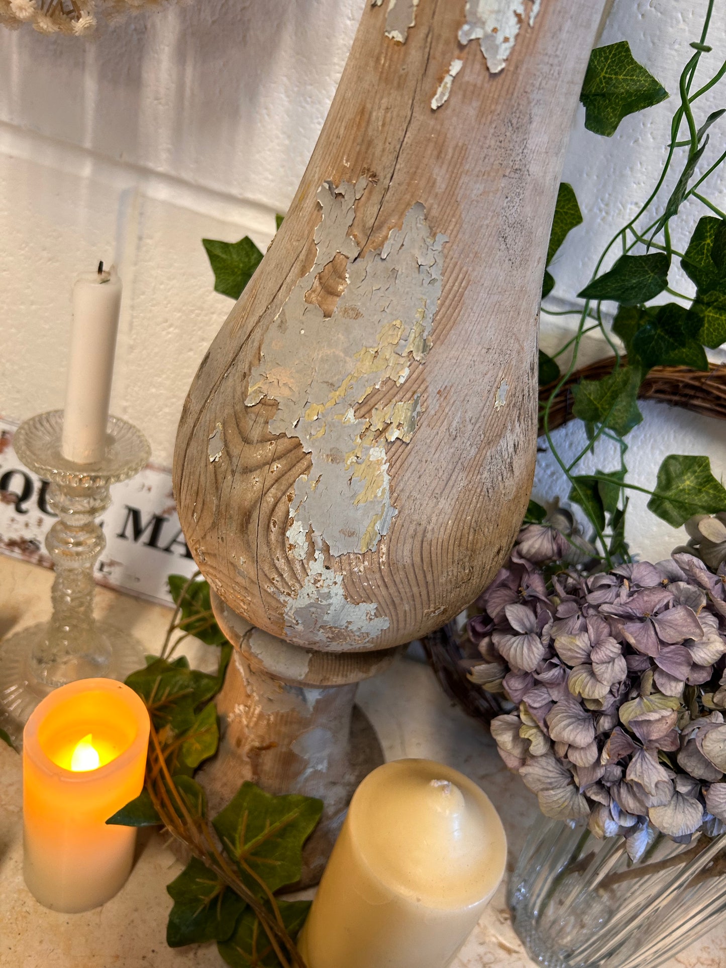 Grey Shabby French 19thC Salvaged balistrail original paint repurposed candle stand