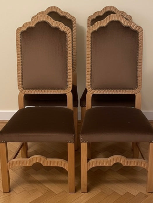Set of eight Vintage dining chairs with chocolate brown Velvet upholstery