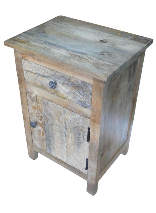Carved Wooden Decorative Bedside Table Cabinet Light Wood