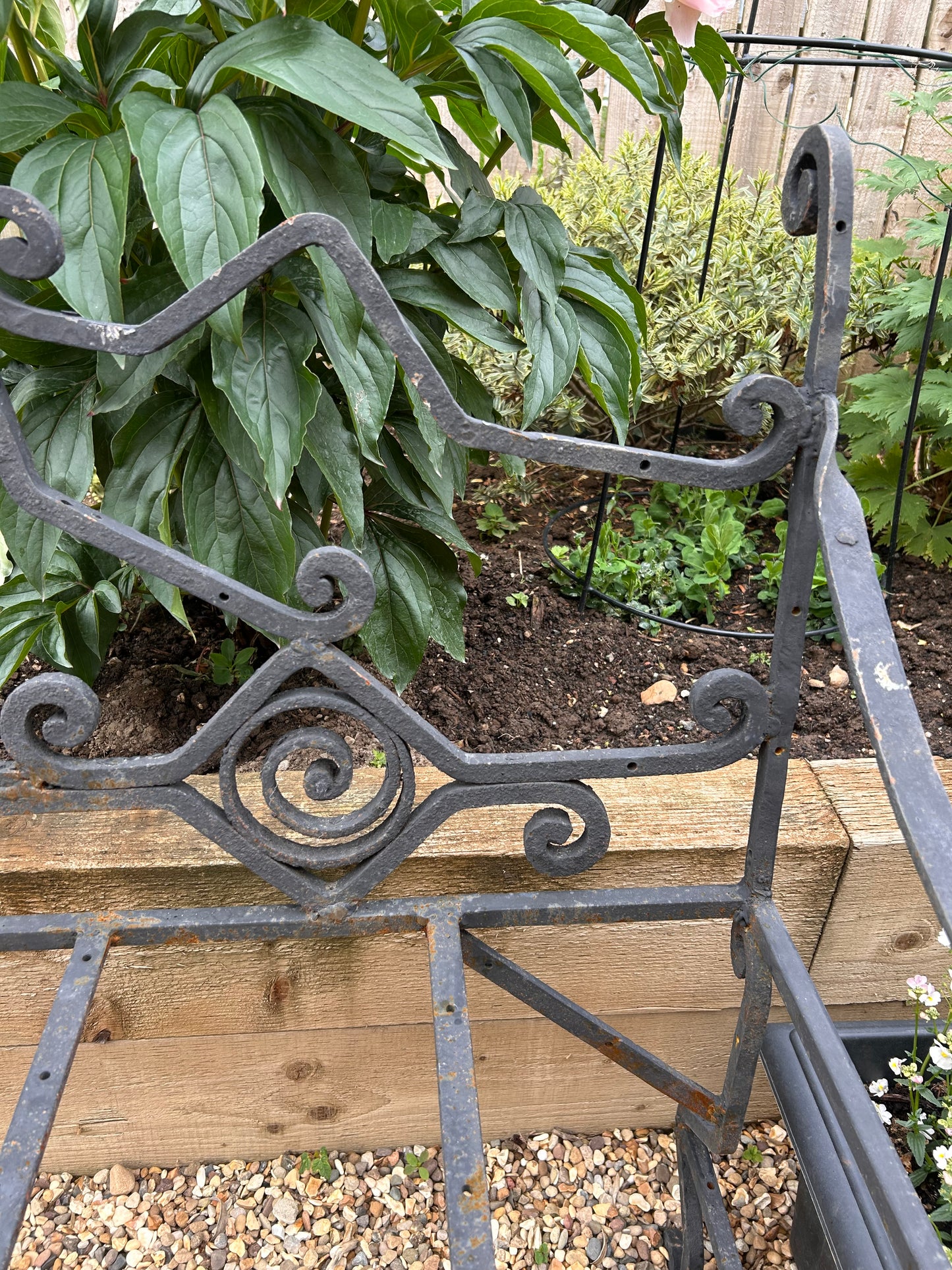 French Vintage Wrought Iron black metal bench scroll details