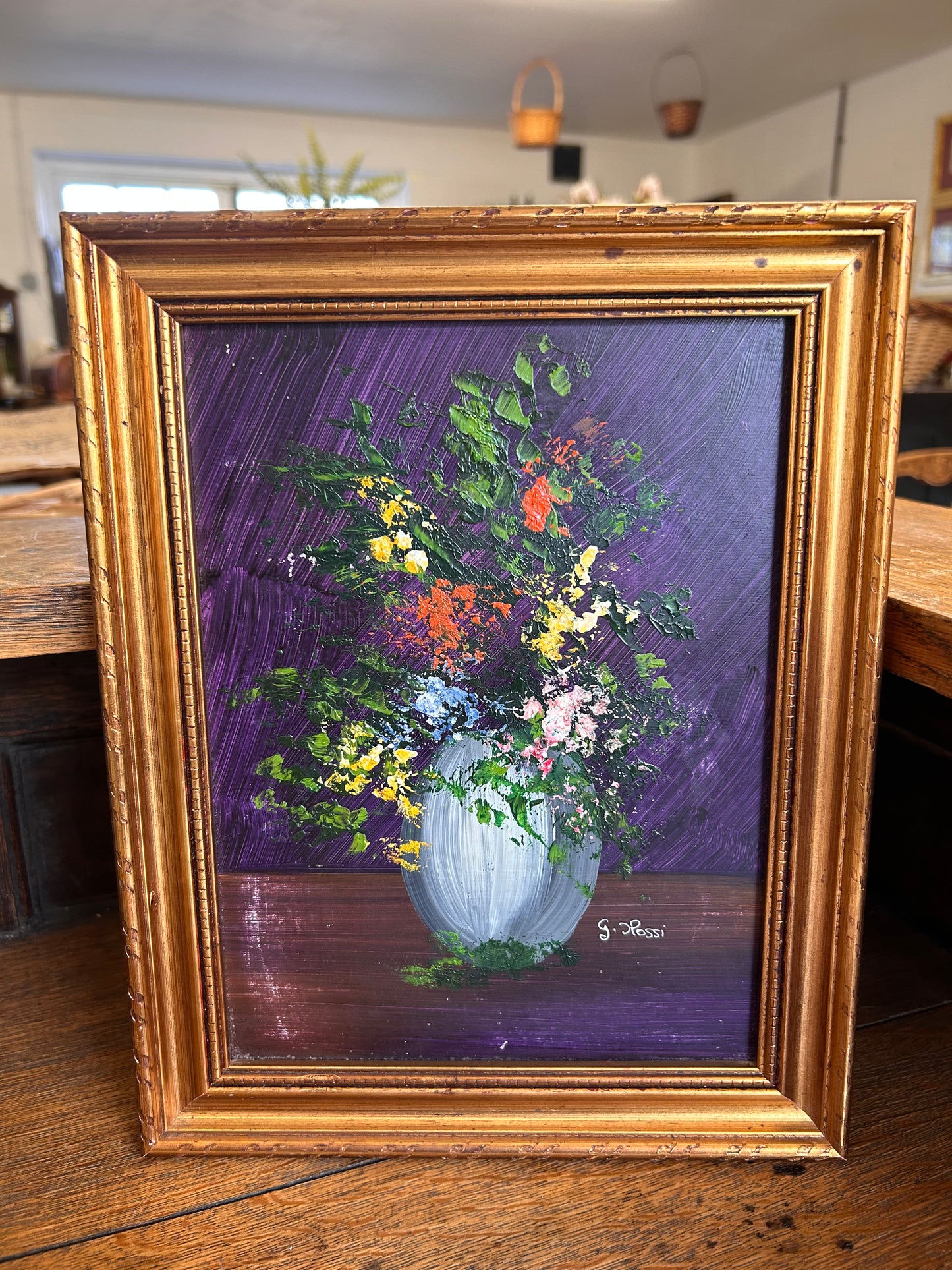 Italian Vintage Original Framed Floral Oil Painting signed