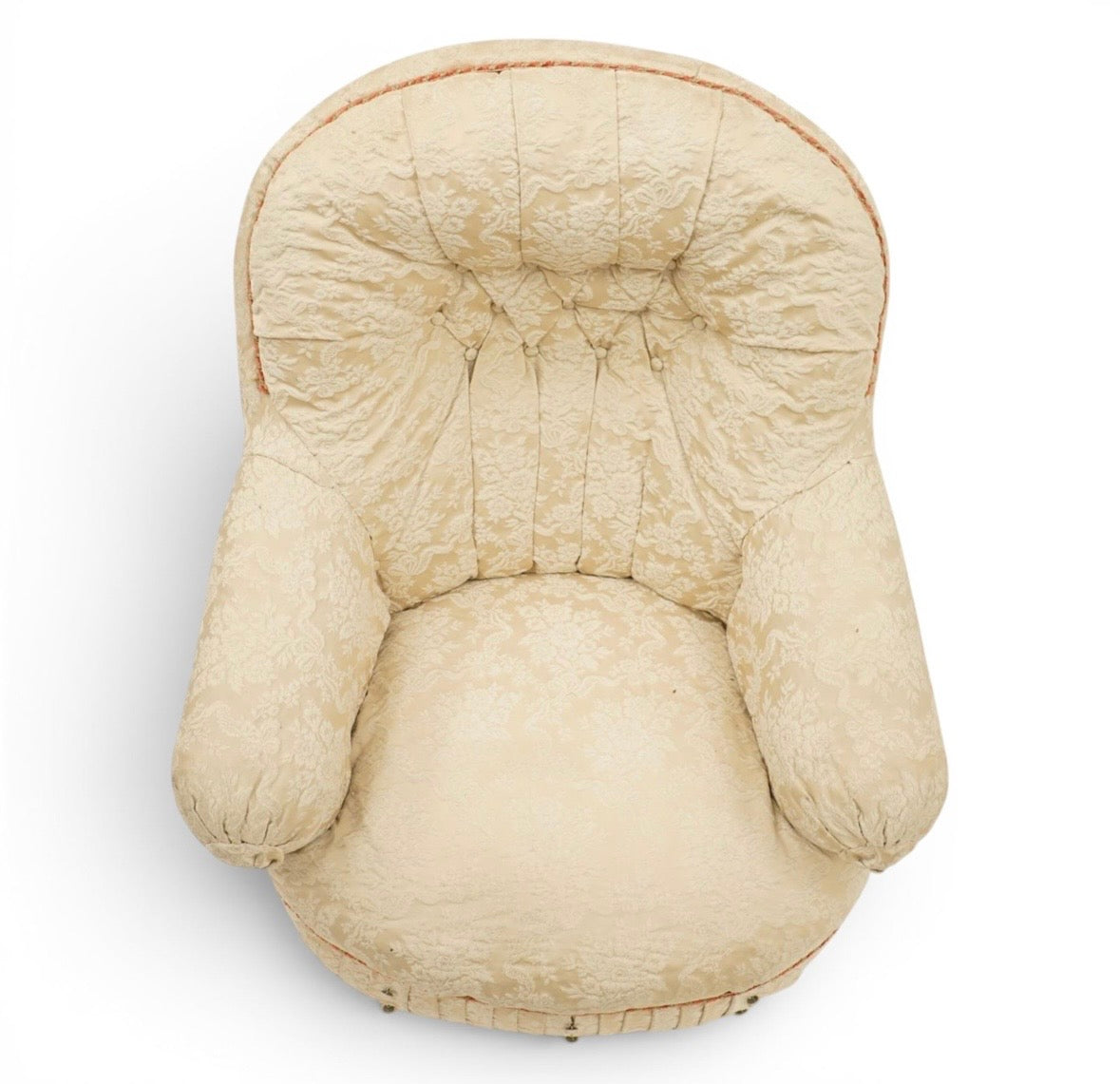 Victorian Antique button-back nursing chair with cream floral damask fabric on castors