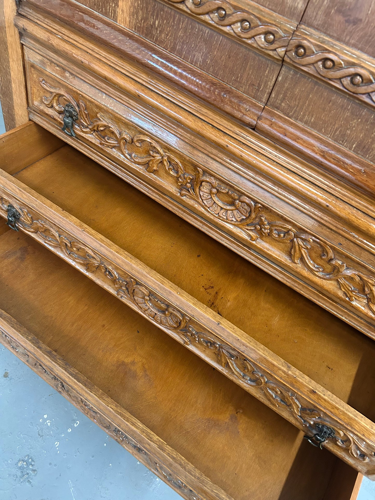Big Vintage French Drinks cabinet with 3 drawers and mercury mirror lined cupboard