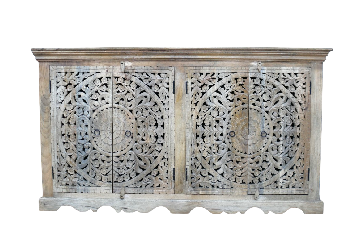 Bohemian Large Mango Wood Carved Sideboard / Cupboard Modern Country Farmhouse