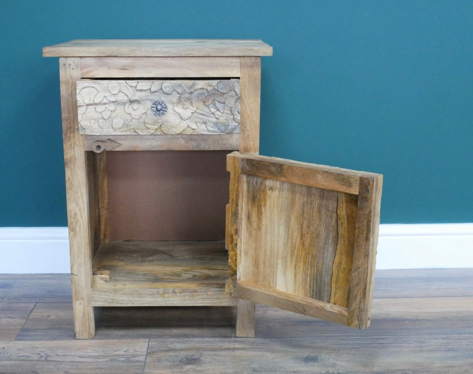Carved Wooden Decorative Bedside Table Cabinet Light Wood
