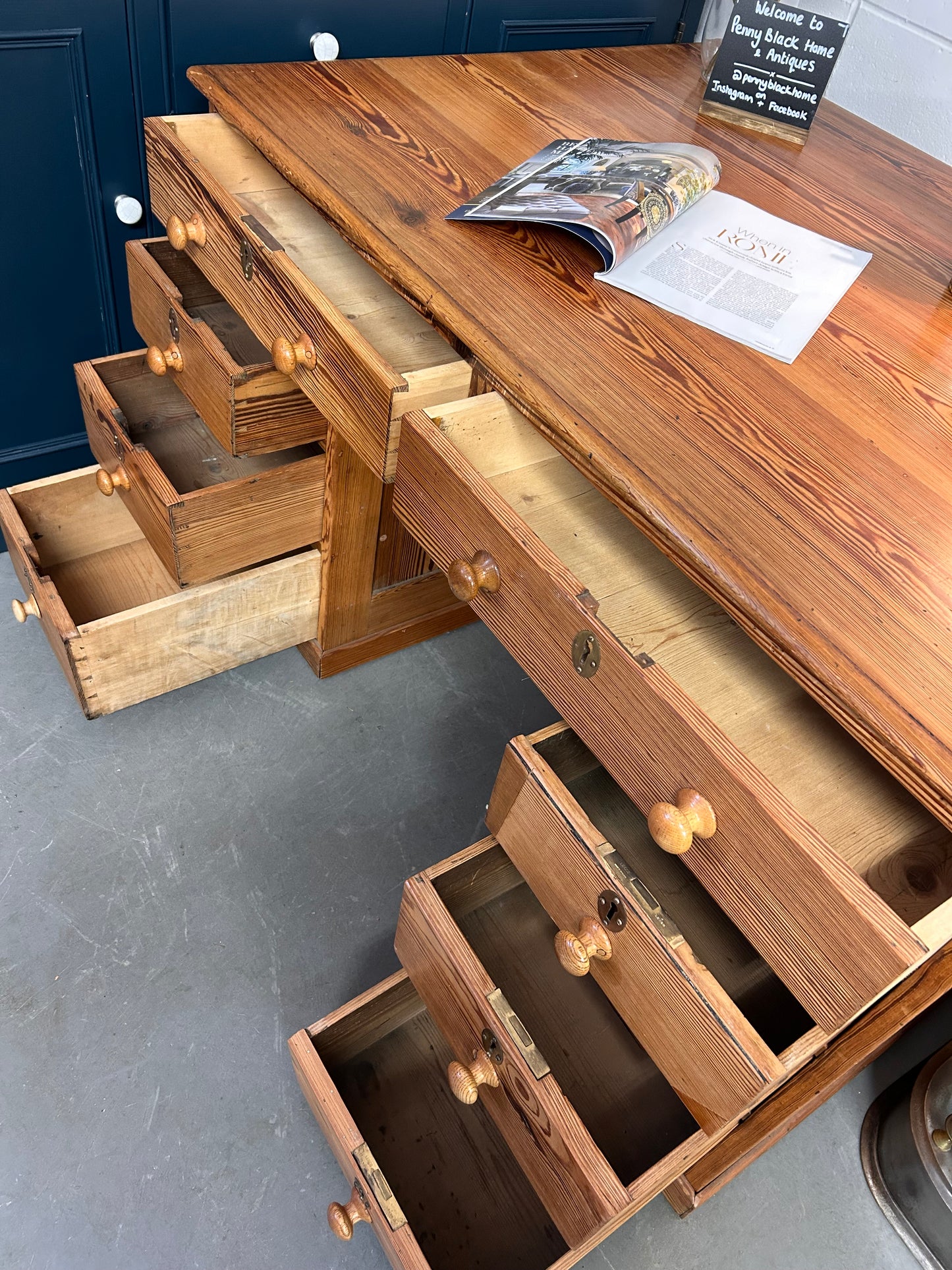 Antique Pitch Pine Large Partners Desk with Cupboards and drawers