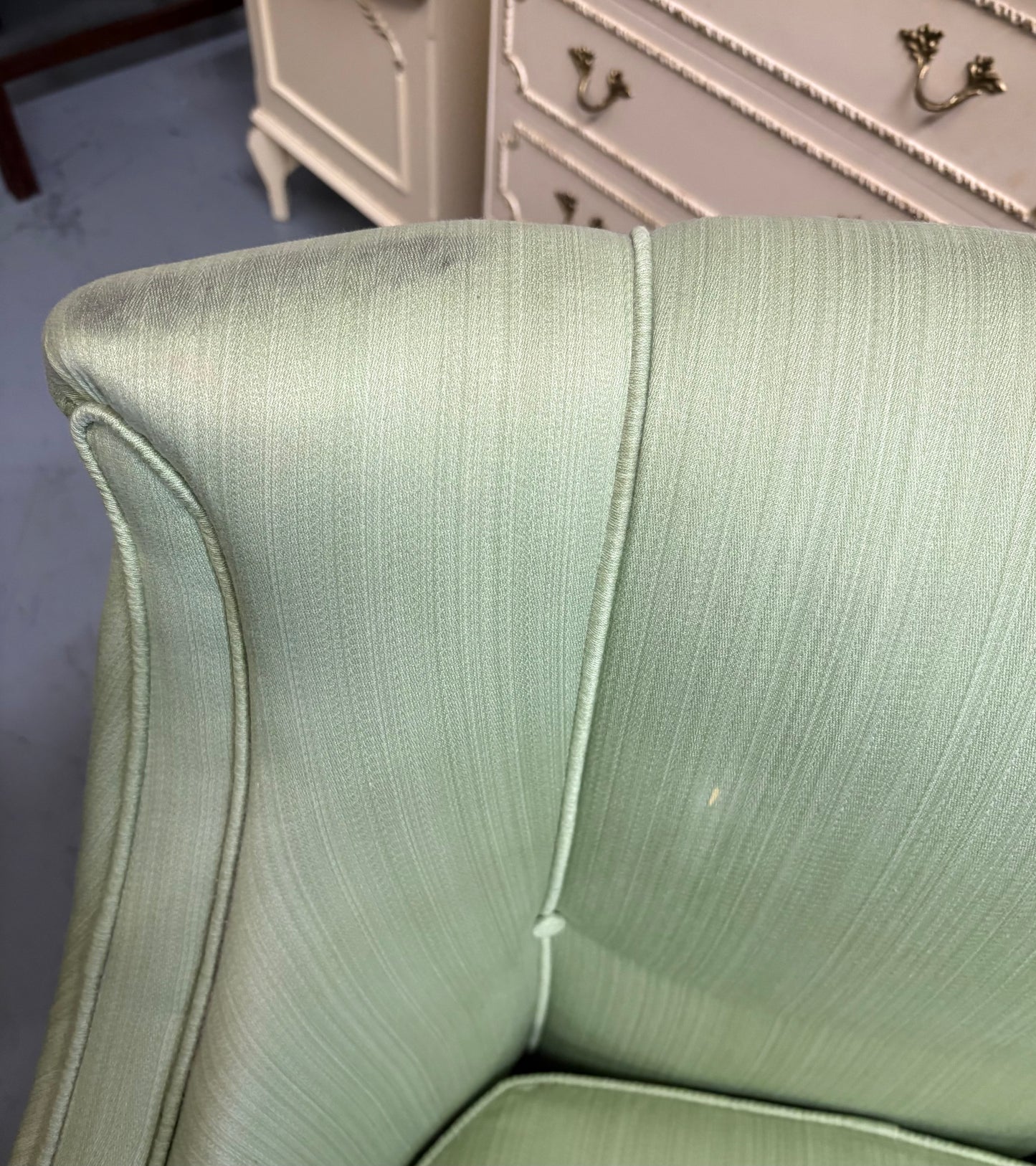 Mid century French pale Green upholstered tassel trimmed boudoir bedroom chair ￼