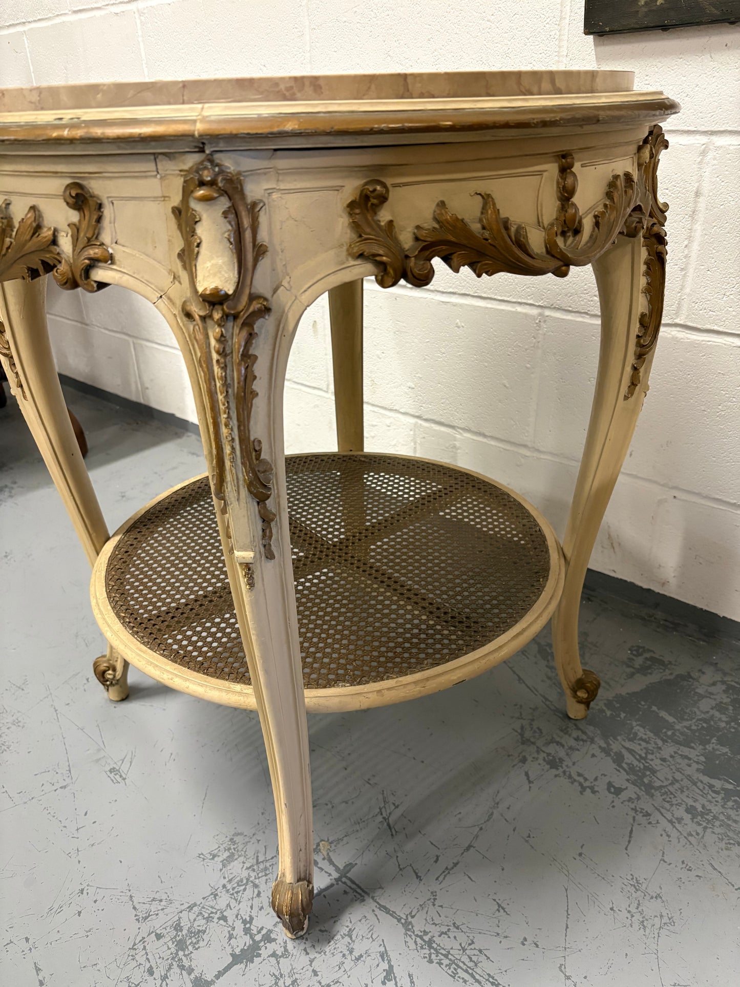 Vintage French Louis XVI round marble top table Cream Gold with Rattan undershelf