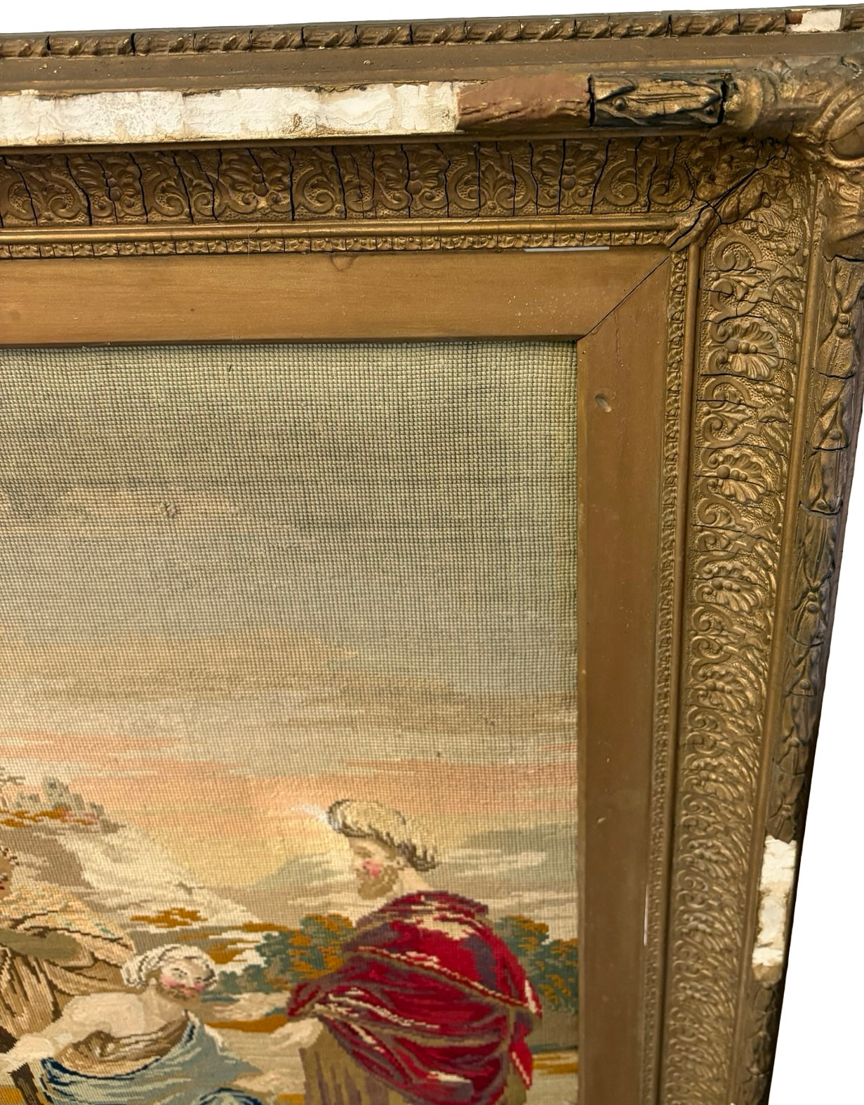Impressive Large 19th Century Needlepoint Tapestry Biblical Religious scene Gilt Frame