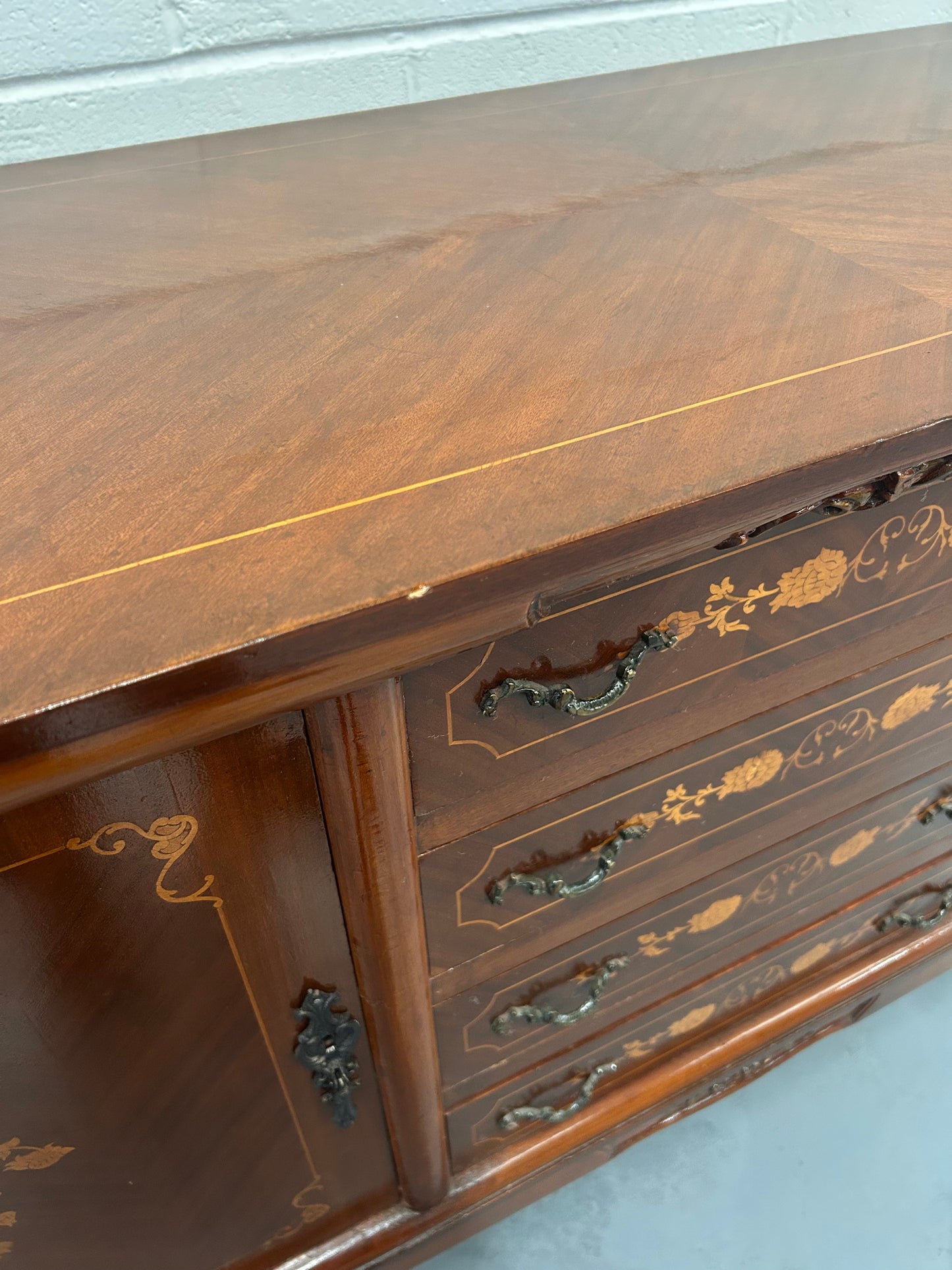 A Vintage French Inlaid sideboard with 4 drawers and 2 cupboards