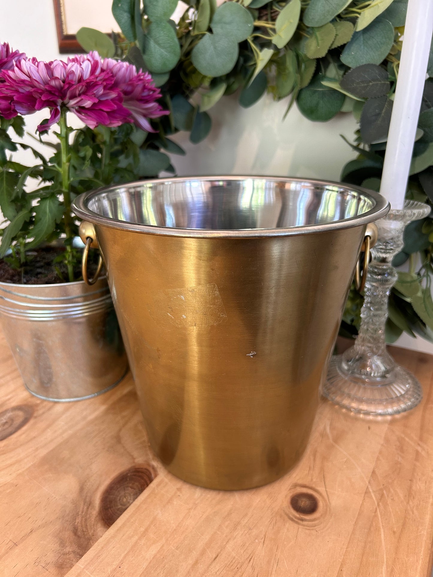 Vintage white metal champagne bucket with handles