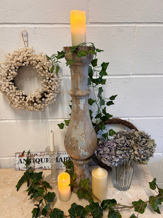 Grey Shabby French 19thC Salvaged balistrail original paint repurposed candle stand