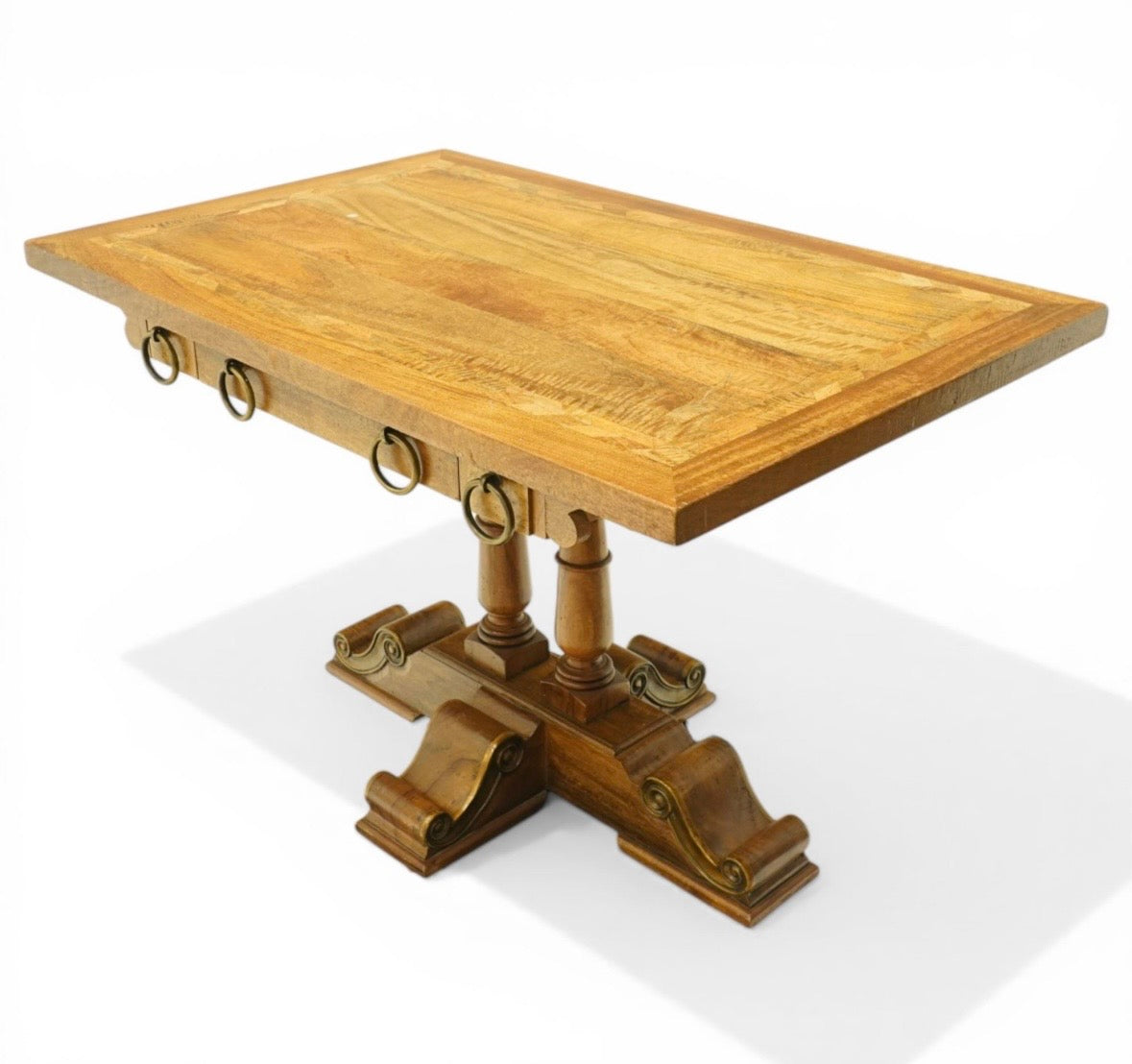 Quality made mango wood hall console table, three drawers with large hooped pulls & decorative base