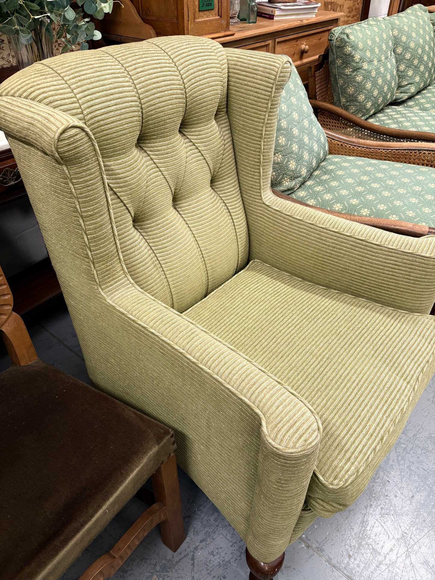 Antique Soft Green Wingback Upright Armchair on Castors & Cabriole legs UK Delivery