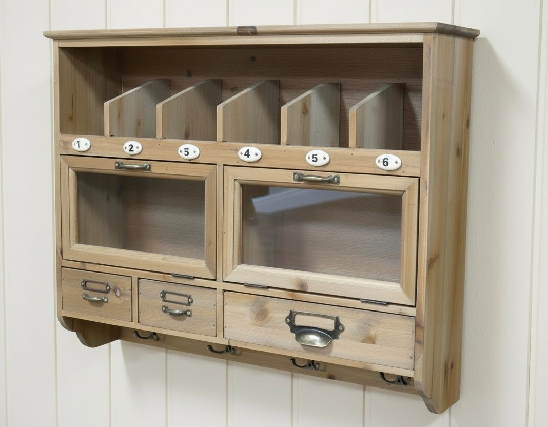 Country Farmhouse Wooden Wall Cabinet with Drawers & Hooks