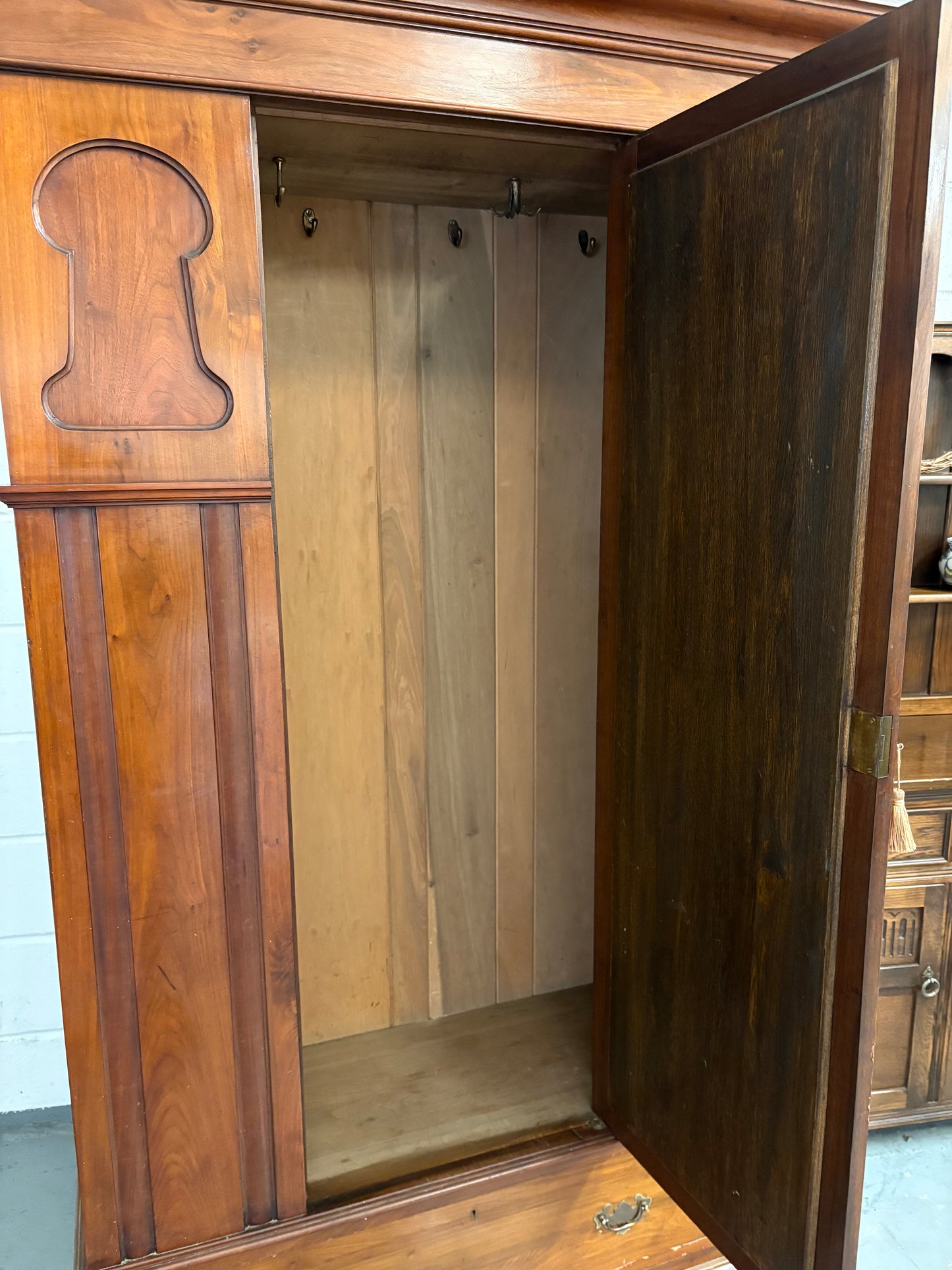 Antique Walnut Art Nouveau Wardrobe with mirror, drawer & key to lock