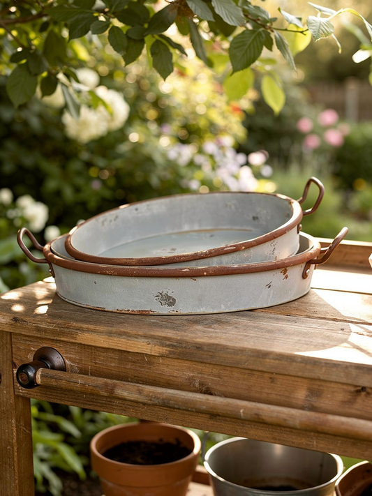X1 Large metal rustic deep serving display tray Oval with handles