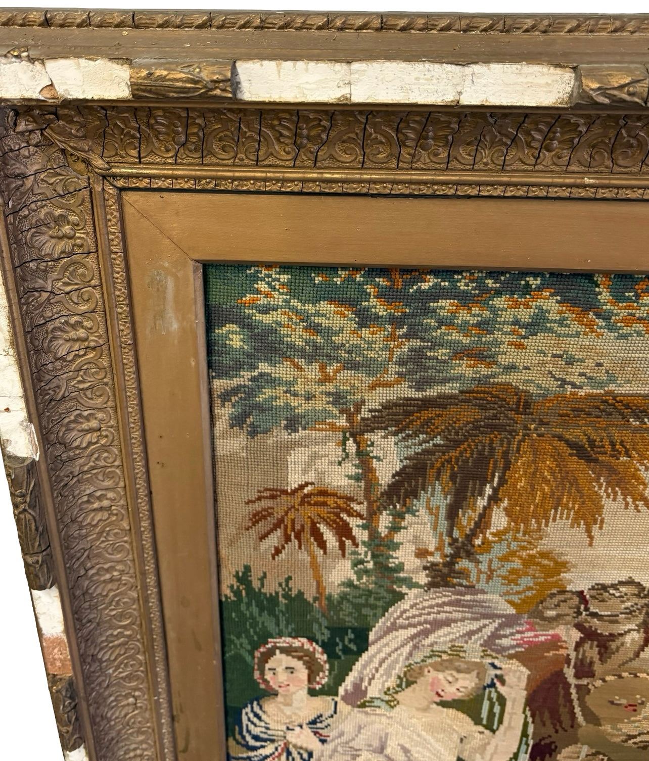 Impressive Large 19th Century Needlepoint Tapestry Biblical Religious scene Gilt Frame