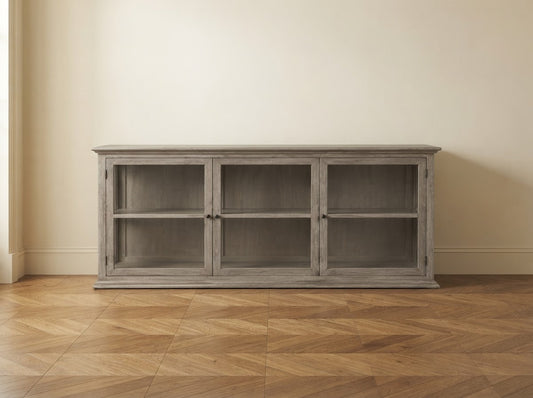 Vintage Farmhouse styled light mahogany wood sideboard display cabinet