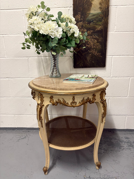 Vintage French Louis XVI round marble top table Cream Gold with Rattan undershelf