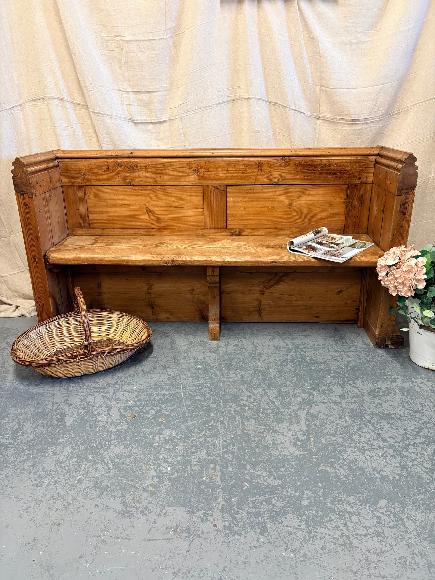 Antique Pitch Pine Bench Pew Panelled sides and Shelf to back