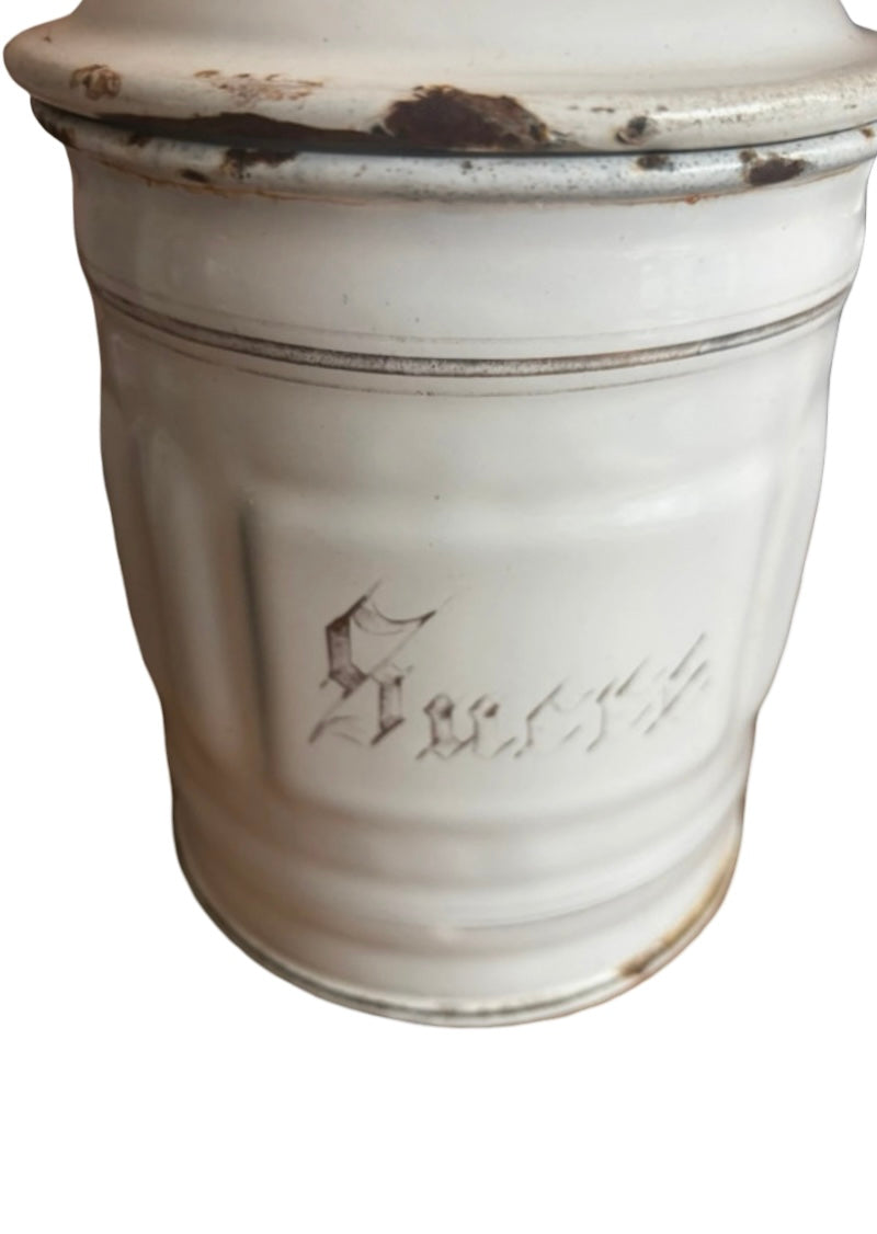 A Vintage white French enamel sugar canister chippy shabby original
