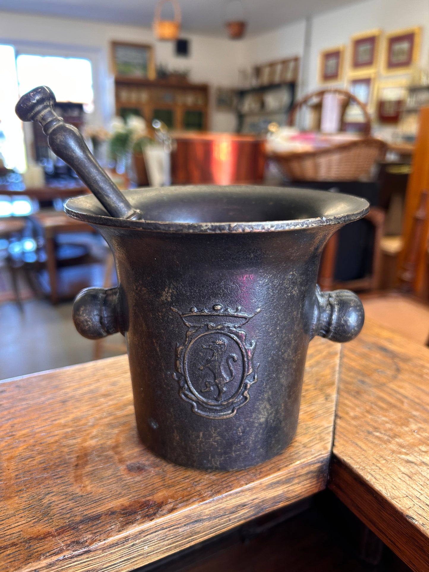 Cast iron vintage pestle and mortar heavy with crest