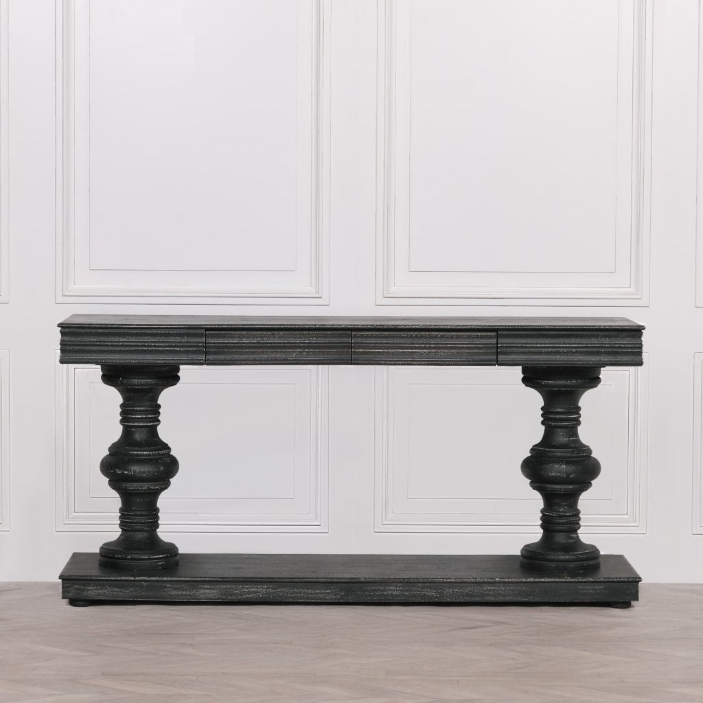 Large Distressed Black Painted Column Console Table Impressive