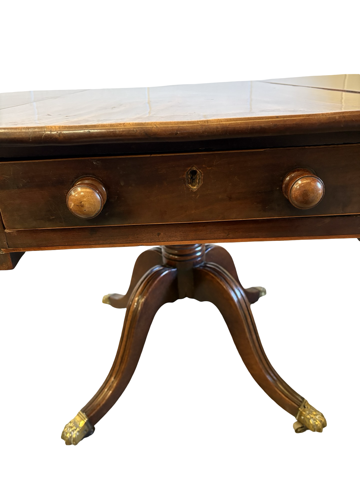 Regency Mahogany Sofa Table with fitted drawer on turned column Brass feet