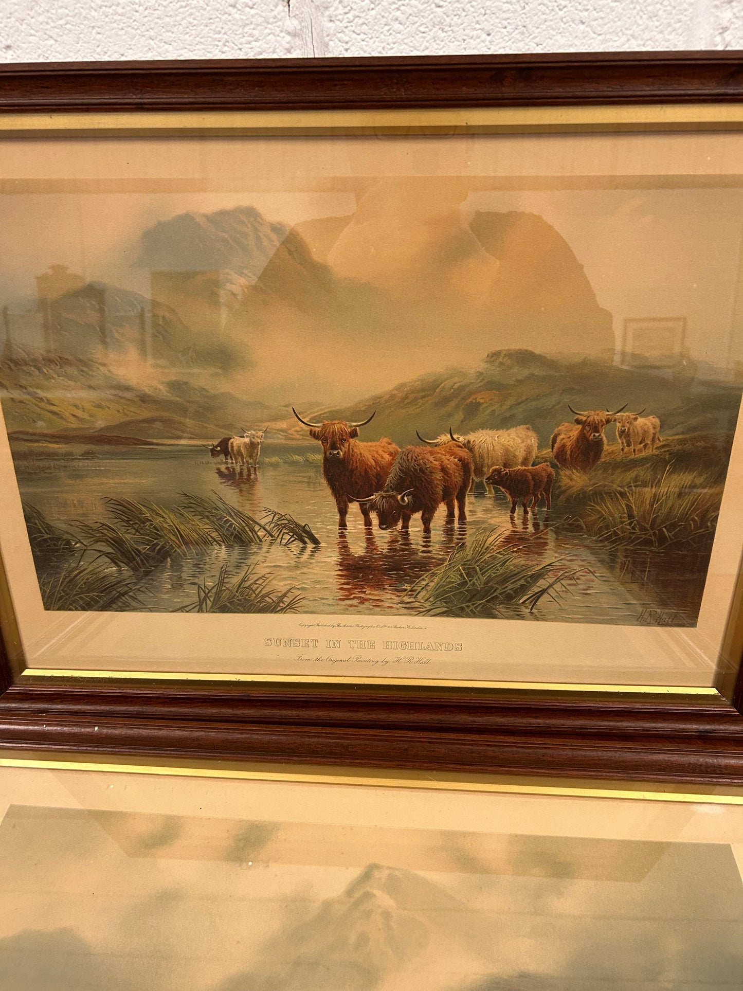 Pair of large framed vintage prints Sunrise & Sunset in the Highlands