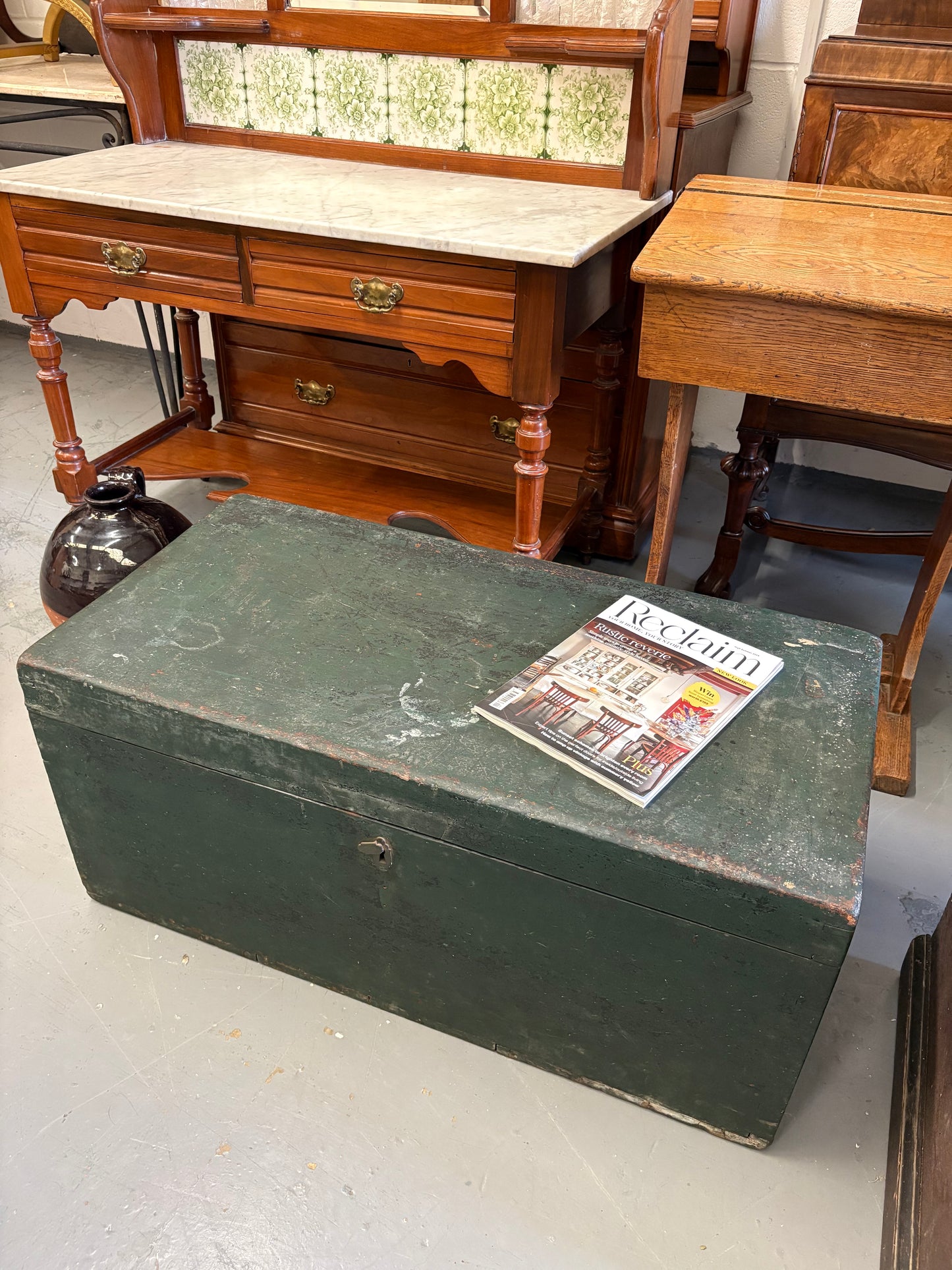 Green vintage wooden carpenters tool chest great coffee table and storage