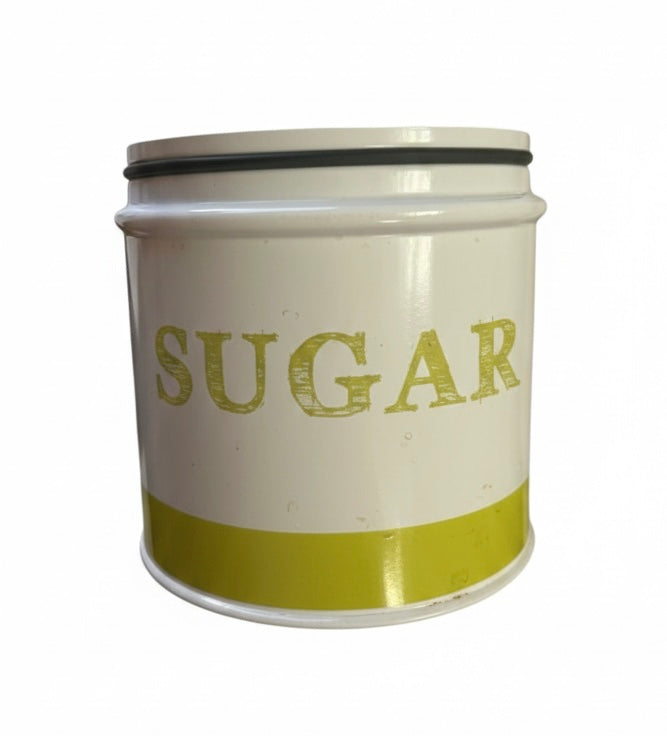 Set up three Vintage metal tins tea, coffee, sugar and pale green and white ￼