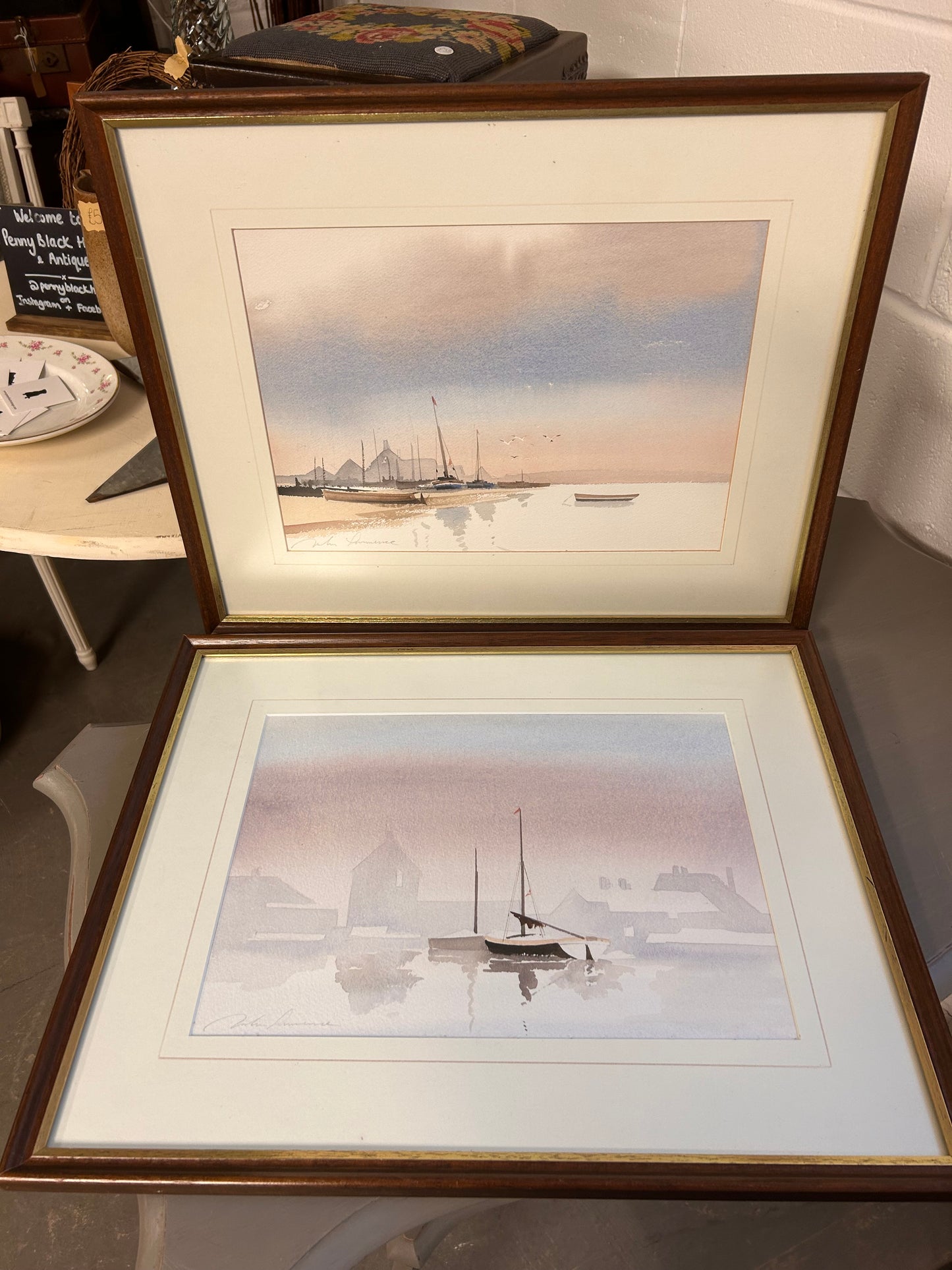 A pair of vintage coastal watercolours signed framed glazed